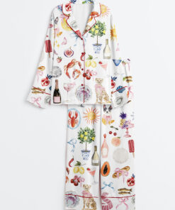 Women's Whimsical Wedding Dolce Vita Wedding Coquette Mediterranean Print Long Sleeve Satin Pajama Set