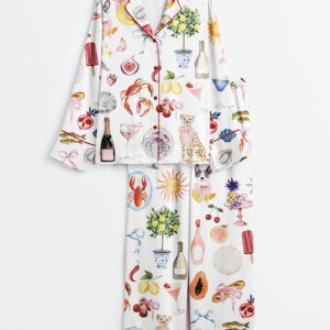 Womenâ€™s Whimsical Wedding Dolce Vita Wedding Coquette Mediterranean Print Long Sleeve Satin Pajama Set