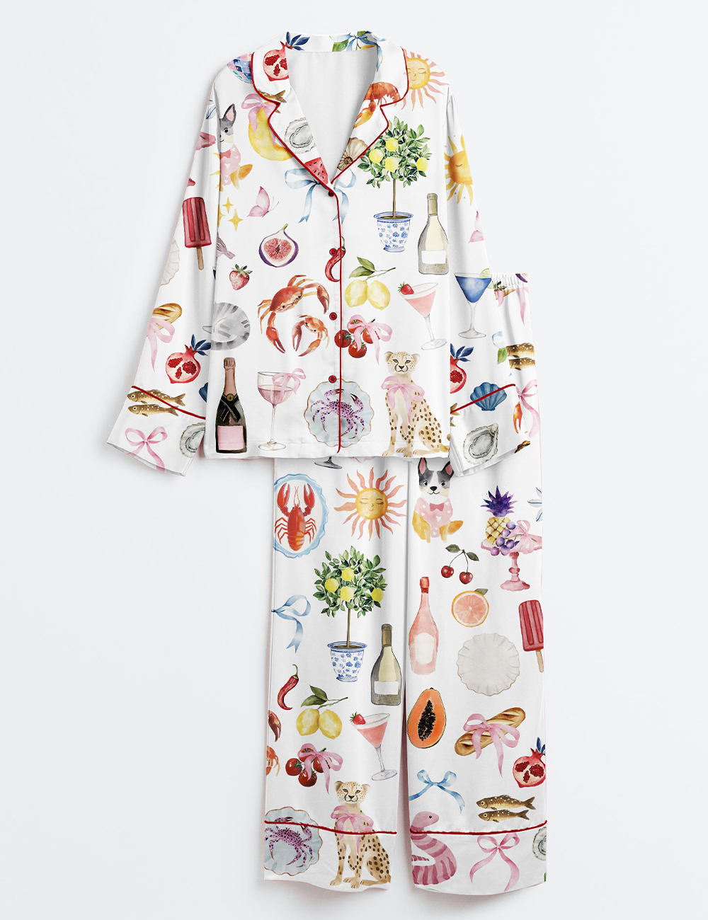 Women's Whimsical Wedding Dolce Vita Wedding Coquette Mediterranean Print Long Sleeve Satin Pajamas Set