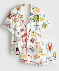 Women's Whimsical Wedding Dolce Vita Wedding Coquette Mediterranean Print Short Sleeve Satin Pajama Set