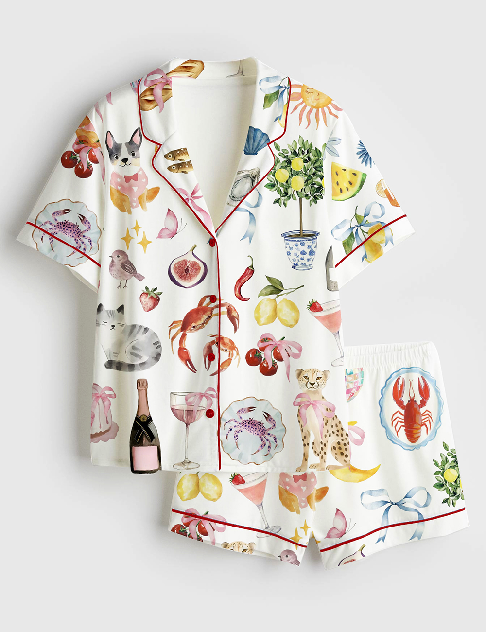 Womenâ€™s Whimsical Wedding Dolce Vita Wedding Coquette Mediterranean Print Short Sleeve Satin Pajama Set