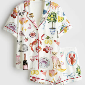 Women's Whimsical Wedding Dolce Vita Wedding Coquette Mediterranean Print Short Sleeve Satin Pajama Set