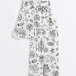 Womenâ€™s Whimsical Wedding Doodles For Wedding Print Long Sleeve Satin Pajama Set