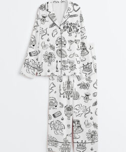Women's Whimsical Wedding Doodles For Wedding Print Long Sleeve Satin Pajamas Set