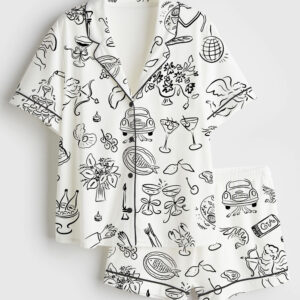 Womenâ€™s Whimsical Wedding Doodles For Wedding Print Short Sleeve Satin Pajama Set