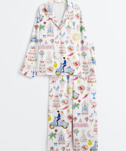 Women's Whimsical Wedding Pastel Bride Groom Cake Bouquet Food Long Sleeve Satin Pajama Set