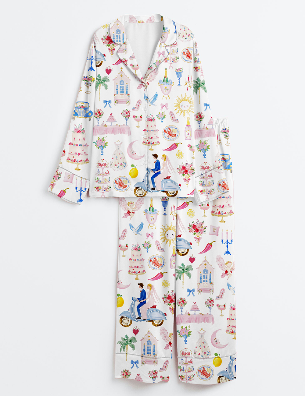 Women's Whimsical Wedding Pastel Bride Groom Cake Bouquet Food Long Sleeve Satin Pajama Set