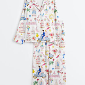 Women's Whimsical Wedding Pastel Bride Groom Cake Bouquet Food Long Sleeve Satin Pajamas Set