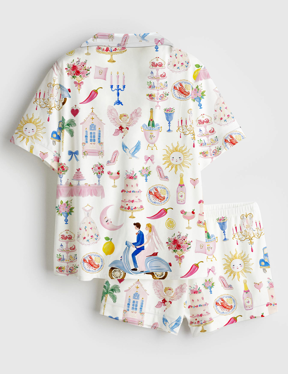 Women's Whimsical Wedding Pastel Bride Groom Cake Bouquet Food Short Sleeve Satin Pajama Set - Image 2