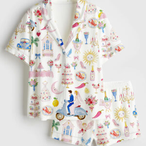 Women's Whimsical Wedding Pastel Bride Groom Cake Bouquet Food Short Sleeve Satin Pajama Set