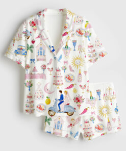 Women's Whimsical Wedding Pastel Bride Groom Cake Bouquet Food Short Sleeve Satin Pajama Set