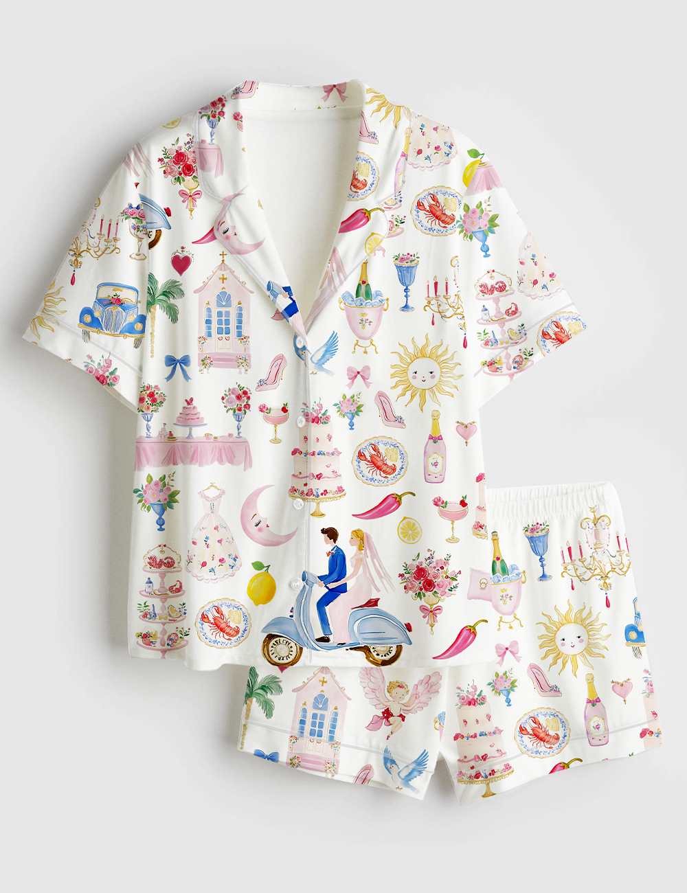 Womenâ€™s Whimsical Wedding Pastel Bride Groom Cake Bouquet Food Short Sleeve Satin Pajama Set