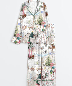 Women's White Christmas Ballet Christmas Tree Elk Long Sleeve Satin Pajama Set