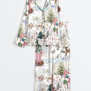 Women's White Christmas Ballet Christmas Tree Elk Long Sleeve Satin Pajamas Set