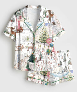 Women's White Christmas Ballet Christmas Tree Elk Short Sleeve Satin Pajama Set