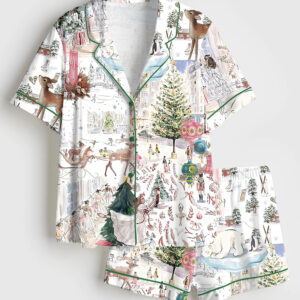 Womenâ€™s White Christmas Ballet Christmas Tree Elk Short Sleeve Satin Pajama Set