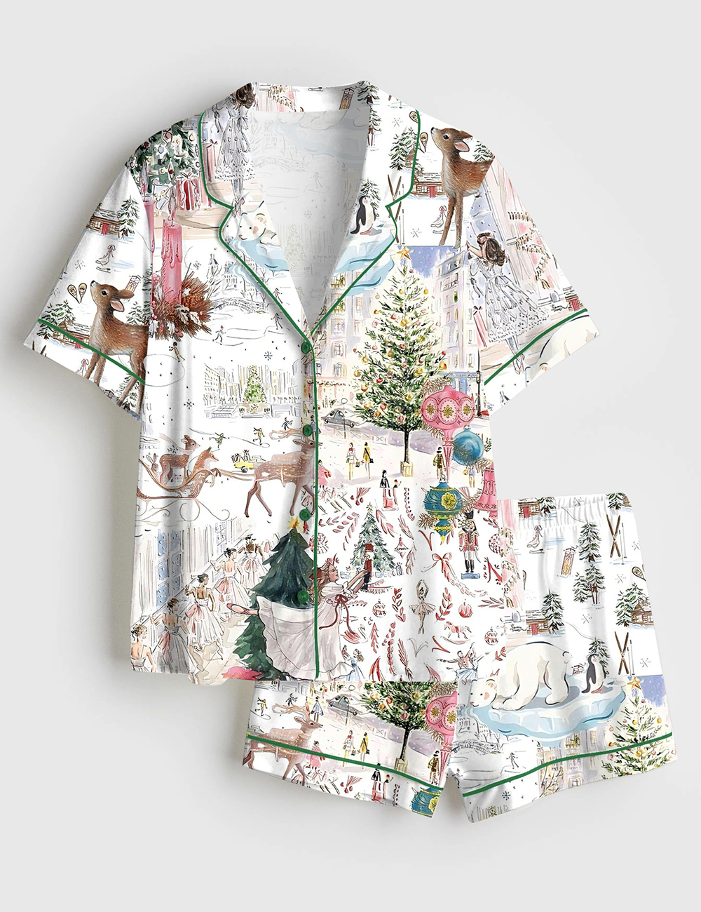 Womenâ€™s White Christmas Ballet Christmas Tree Elk Short Sleeve Satin Pajama Set