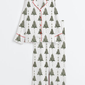 Womenâ€™s White Christmas Tree Long Sleeve Satin Pajama Set