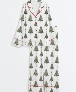 Women's White Christmas Tree Long Sleeve Satin Pajamas Set