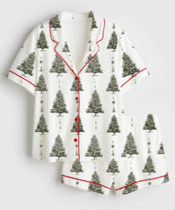 Women's White Christmas Tree Short Sleeve Satin Pajama Set