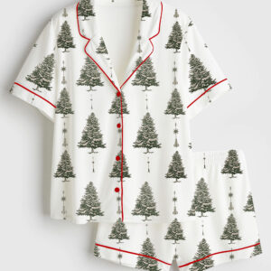 Womenâ€™s White Christmas Tree Short Sleeve Satin Pajama Set