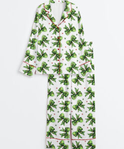 Women's Whoville Grinchmas Coquette Bow Grinchmas Long Sleeve Satin Pajamas Set