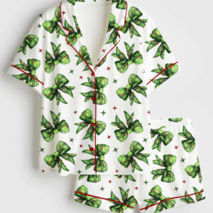 Women's Whoville Grinchmas Coquette Bow Grinchmas Short Sleeve Satin Pajama Set