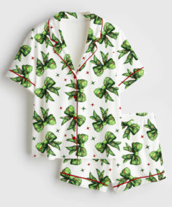 Women's Whoville Grinchmas Coquette Bow Grinchmas Short Sleeve Satin Pajama Set