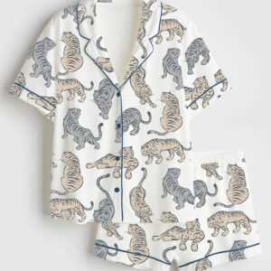 Women's Wild Animal Tiger Short Sleeve Satin Pajama Set