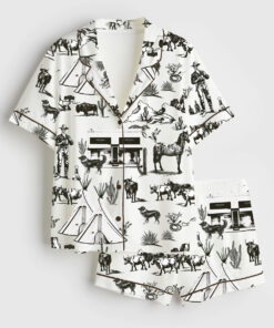 Women's Wild West Adventure Western Cowgirl Print Short Sleeve Satin Pajama Set