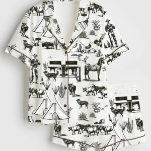 Womenâ€™s Wild West Adventure Western Cowgirl Print Short Sleeve Satin Pajama Set