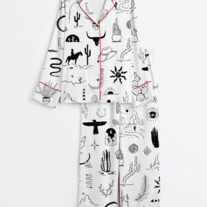 Women's Wild Western Outdoors Adventure Silhouette Cowboy Cactus Mountain Snake Hand Moon Sun Print Long Sleeve Satin Pajama Set