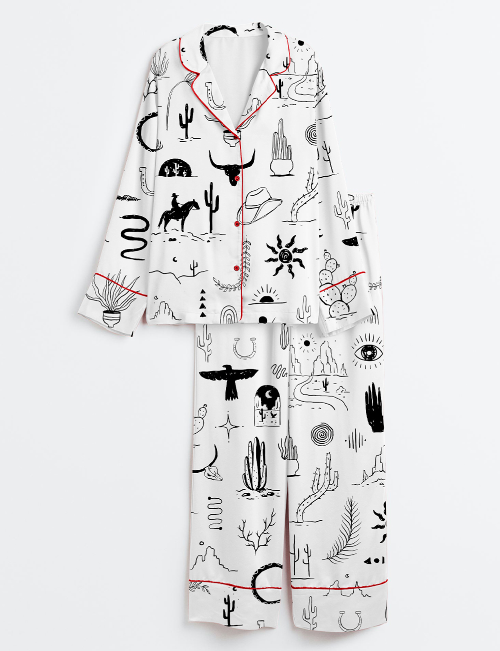 Womenâ€™s Wild Western Outdoors Adventure Silhouette Cowboy Cactus Mountain Snake Hand Moon Sun Print Long Sleeve Satin Pajama Set