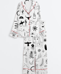 Women's Wild Western Outdoors Adventure Silhouette Cowboy Cactus Mountain Snake Hand Moon Sun Print Long Sleeve Satin Pajamas Set