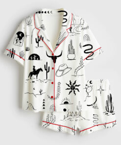 Women's Wild Western Outdoors Adventure Silhouette Cowboy Cactus Mountain Snake Hand Moon Sun Print Short Sleeve Satin Pajama Set