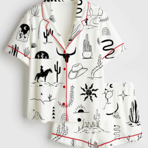 Womenâ€™s Wild Western Outdoors Adventure Silhouette Cowboy Cactus Mountain Snake Hand Moon Sun Print Short Sleeve Satin Pajama Set