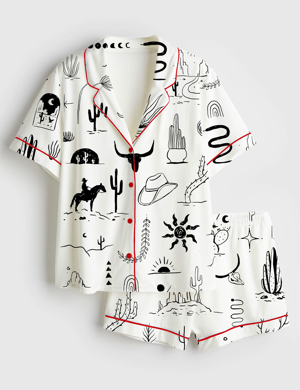 Womenâ€™s Wild Western Outdoors Adventure Silhouette Cowboy Cactus Mountain Snake Hand Moon Sun Print Short Sleeve Satin Pajama Set