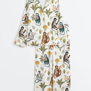 Women's Wildflower Bouquets With A Side Of Monkey Bananas Long Sleeve Satin Pajama Set