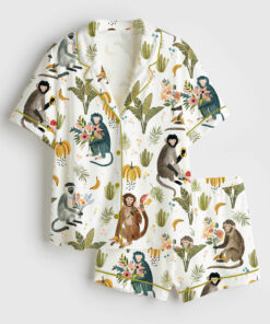 Women's Wildflower Bouquets With A Side Of Monkey Bananas Short Sleeve Satin Pajama Set
