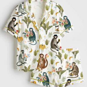Women's Wildflower Bouquets With A Side Of Monkey Bananas Short Sleeve Satin Pajama Set