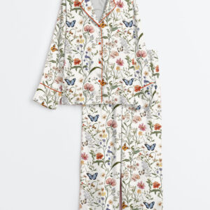 Womenâ€™s Wildflower Butterfly Vintage Spring Wildflower Print Long Sleeve Satin Pajama Set