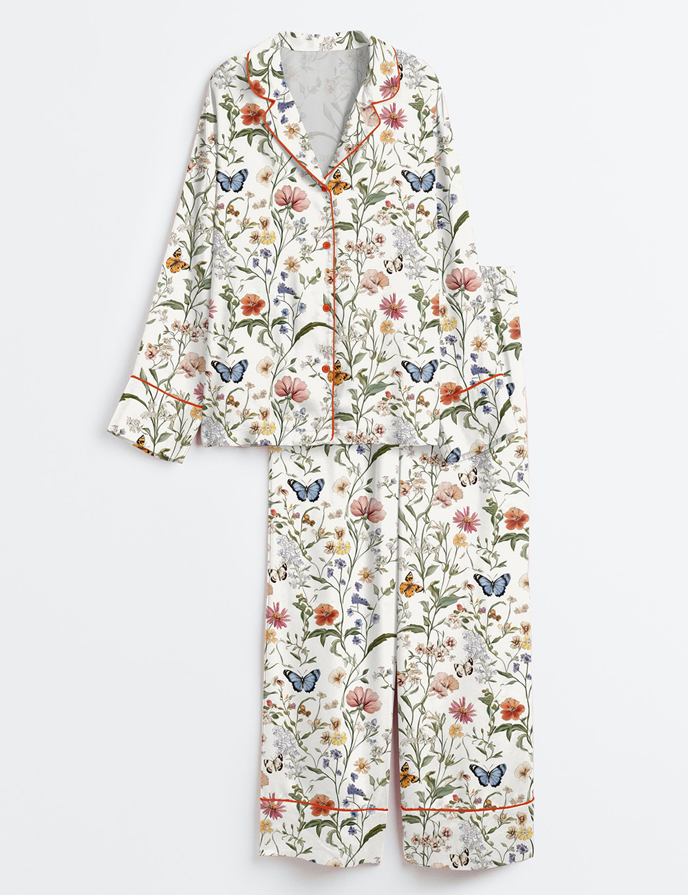 Womenâ€™s Wildflower Butterfly Vintage Spring Wildflower Print Long Sleeve Satin Pajama Set