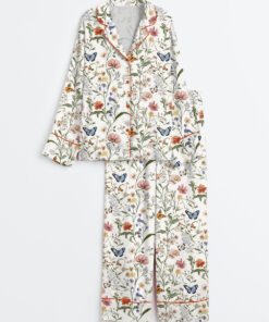 Women's Wildflower Butterfly Vintage Spring Wildflower Print Long Sleeve Satin Pajamas Set