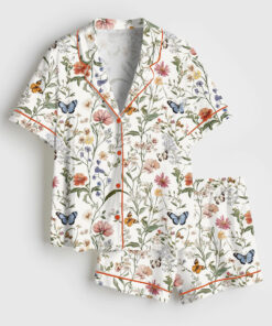 Women's Wildflower Butterfly Vintage Spring Wildflower Print Short Sleeve Satin Pajama Set