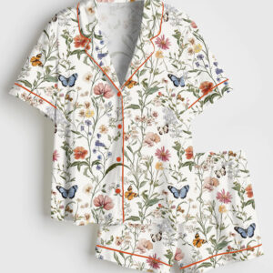 Womenâ€™s Wildflower Butterfly Vintage Spring Wildflower Print Short Sleeve Satin Pajama Set