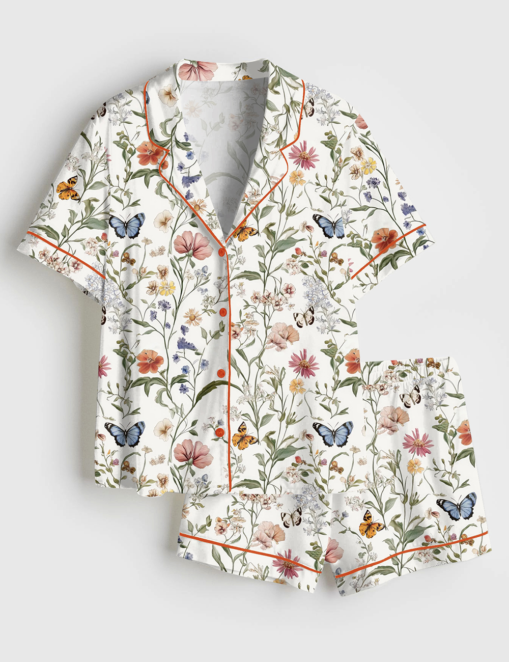 Womenâ€™s Wildflower Butterfly Vintage Spring Wildflower Print Short Sleeve Satin Pajama Set