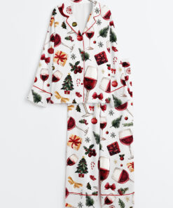 Women's Wine Glass Christmas Holiday Long Sleeve Satin Pajama Set