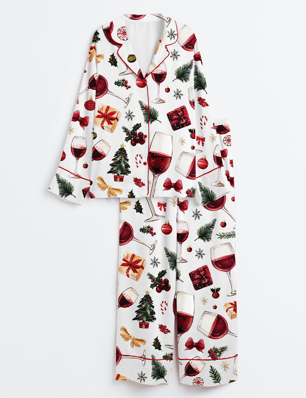 Womenâ€™s Wine Glass Christmas Holiday Long Sleeve Satin Pajama Set