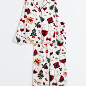 Women's Wine Glass Christmas Holiday Long Sleeve Satin Pajamas Set