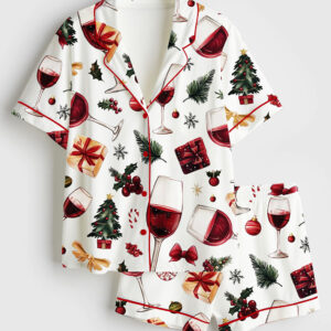 Women's Wine Glass Christmas Holiday Short Sleeve Satin Pajama Set